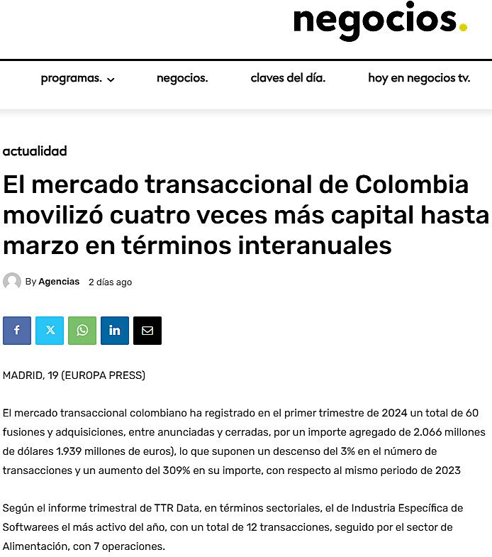 El mercado transaccional de Colombia moviliz cuatro veces ms capital hasta marzo en trminos interanuales